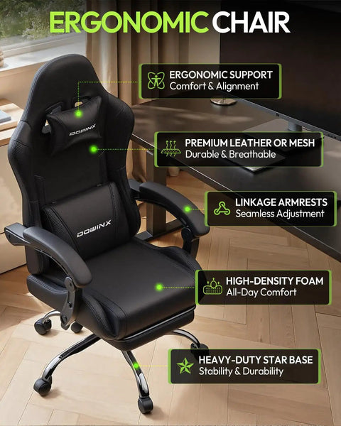 Ergonomic Gaming Chair With Massage Lumbar, Footrest, And 2D Linkage Armrests, Black, in office setting with labeled features