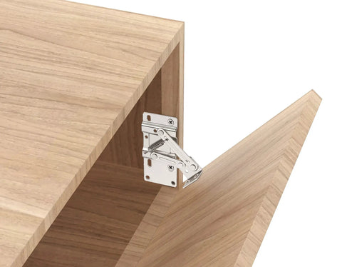Tip Out Tray Hinges For Sink Front Drawers, Steel With Nickel Plated Finish installed in a wooden cabinet