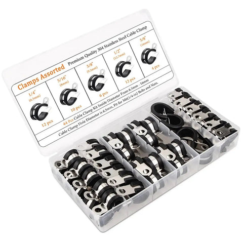 Heavy Duty Stainless Steel Cable Clamps Kit With Rubber Cushion For Hoses And Pipes Adjustable Size 44 Piece Assortment