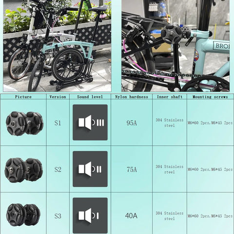 Close-up of DJCRAWLER 58mm Omni Rack Easy Wheels for Brompton folding bike, gray; dual-wheel roller with M6 screws.