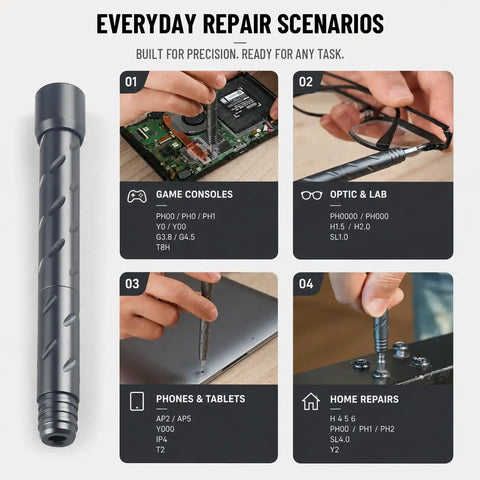No Fuss Repairs Grab This Badass 55 Piece Precision Screwdriver Set With Magnetic CRV Bits Mini Wrenches And Pry Tools Inside A Pocket Size Tool Cube, showing diverse repair tasks.