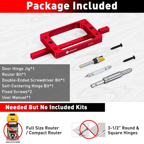 Pro Grade 6061 Aluminum Door Hinge Template Kit For Router And Jamb, red jig with bits and screws, 3.5 inch size