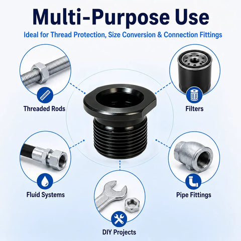 4 Pack Thread Protector Kit 1/2-28 To 5/8-24 Thread Reducer With Crush Washers And Sealing Washers Includes 4 Black Steel Adapters And Replacement Washers For Worn Or Damaged Threads. black steel thread adapter for rods, filters, pipe fittings, and DIY projects