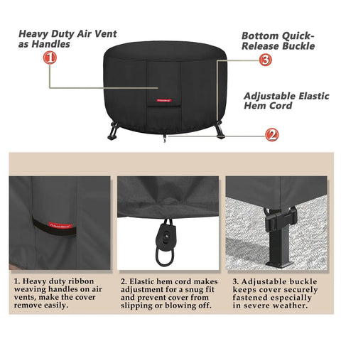 Heavy Duty Waterproof Fire Pit Cover For 36 Inch Round Fire Pit Bowl with handles, buckle, and hem cord details