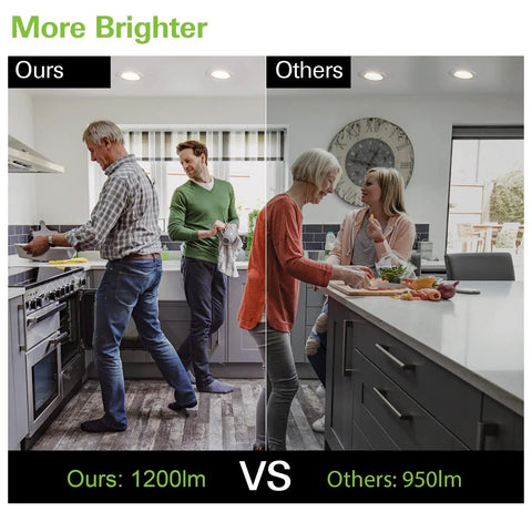 Comparison of kitchens with 12 Pack 5 To 6 Inch LED Can Lights Retrofit Recessed Lighting showing 1200lm vs 950lm brightness
