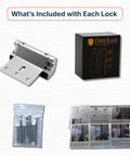 Heavy Duty Door Reinforcement Lock Set 3 Inch Security Lock For Inward Swinging Doors Withstanding Up To 800 Lbs Child Safety Lock Prevents Unauthorized Entry 2 Pack shown with mounting screws and instructions