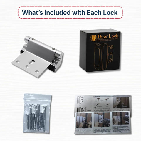 Heavy Duty Door Reinforcement Lock Set 3 Inch Security Lock For Inward Swinging Doors Withstanding Up To 800 Lbs Child Safety Lock Prevents Unauthorized Entry 2 Pack shown with mounting screws and instructions