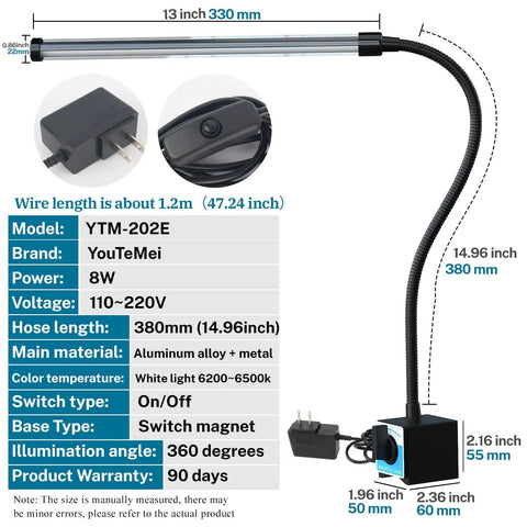 Magnetic 800 Lumen LED Work Light For Sewing Machines, Lathes, Milling Machines, And Bandsaws, 14.96 inch neck with switch