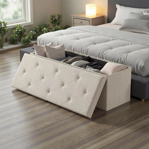 Foldable Storage Ottoman Bench With Padded Seat And Built In Chest End Of Bed Foot Rest Stool next to bed, open lid showing storage.