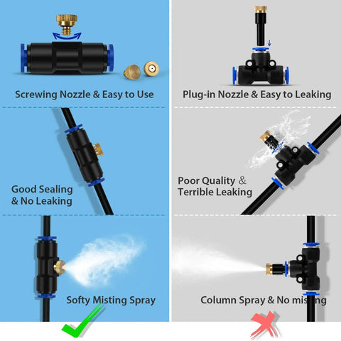 Comparison of outdoor misting system connector types, highlighting screwing nozzle vs plug-in nozzle with mist effects shown.