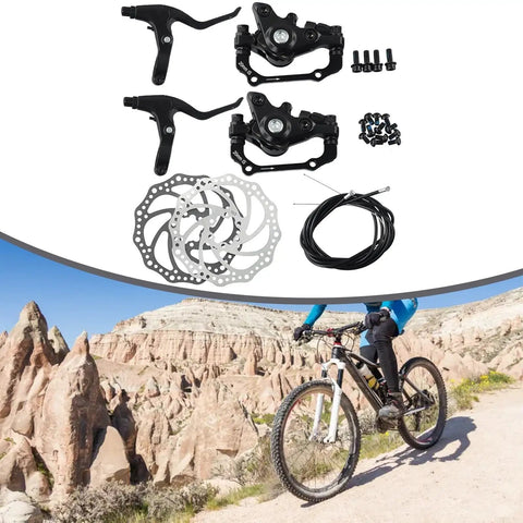 Dialed In Mechanical Disc Brake Set For Hardtail And Full Suspension Mountain Bikes With 160Mm Rotors Front Rear Kit With Steel Ball Levers components displayed on bike trail.