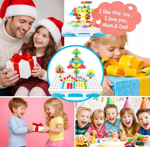 Kids holding gifts and playing with 244 Piece Electric Screwdriver Building Kit For Kids 4 To 10 Years Old DIY Construction Blocks