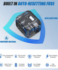 All In One Travel Adapter With 2 USB C And 2 USB A Ports For Worldwide Use Converts 100V To 250V Works In 200 Plus Countries EU UK US AU Plug Compatible Compact Wall Charger Black showing built-in auto-resetting fuse and PC fireproof material