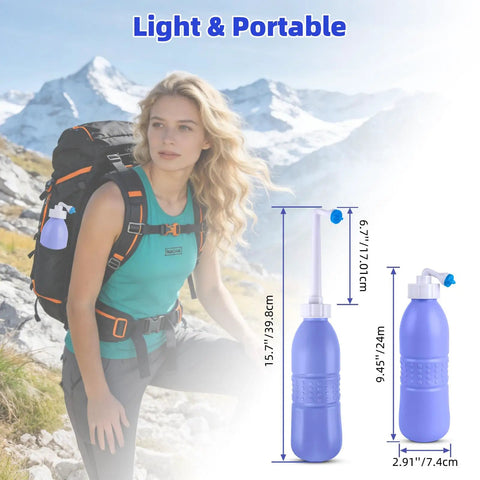 Portable Bidet Sprayer For Personal Hygiene 620ml Travel Bottle With Extended Nozzle next to hiker in mountains