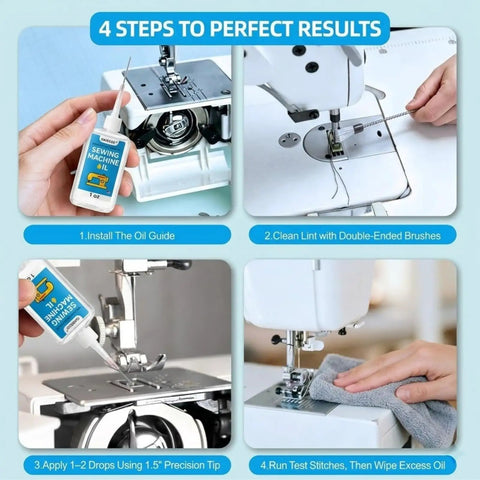 Step-by-step guide using Clear Residue Free 1oz Fine Light Sewing Machine Oil With Applicator for needle bar and bobbin area maintenance