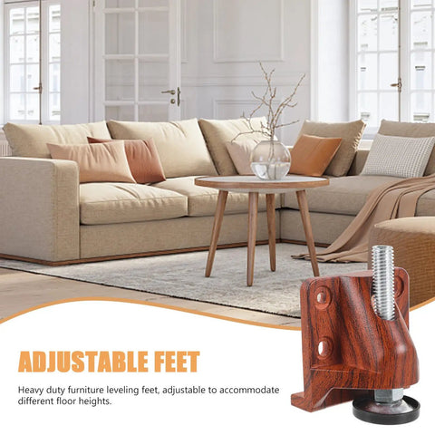 Heavy Duty Adjustable Furniture Leveling Feet Non Slip Threaded Levelers for Cabinets and Wardrobes, plastic stabilizer with wood grain.