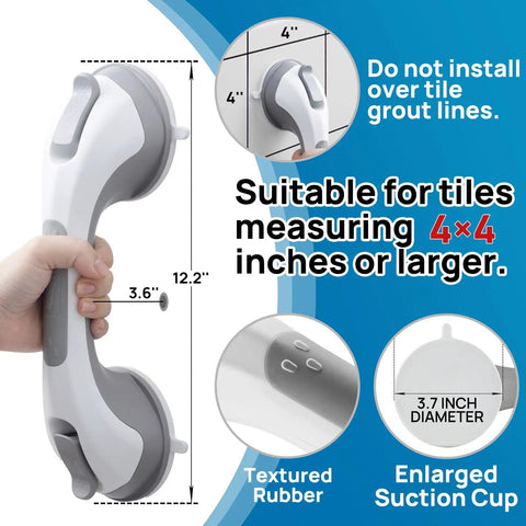 Heavy Duty 2 Pack Suction Grab Bars For Showers Rock Solid 12 Inch Handles With Hassle Free Removable Design Waterproof Non Slip Stability Rails For Seniors In Sleek Grey with textured rubber and enlarged suction cup.