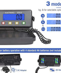 Heavy Duty Digital Postal Scale With 11.8 By 11.8 Inch Aluminum Anti Slip Platform, 440 Lb Capacity, 0.2 Lb Min, Tare, Count, Auto Off, Portable Shipping Scale showing LCD screen and modes.