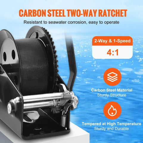 Heavy Duty Hand Boat Winch With 1600 Lb Capacity, 33 Ft Polyester Strap, Two Way Ratchet, Manual Crank Tow Winch For Trailers, Boats And ATVs That Delivers Beast Mode Performance In Any Weather. Black carbon steel hand boat winch with 2-way ratchet and 4:1 gear ratio