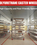 Industrial racks with 5 Inch By 2 Inch Plate Swivel And Brake Caster Wheels Set Of Four with polyurethane tread in warehouse.