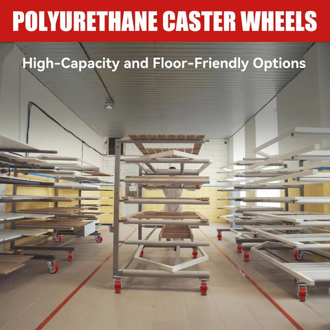 Industrial racks with 5 Inch By 2 Inch Plate Swivel And Brake Caster Wheels Set Of Four with polyurethane tread in warehouse.