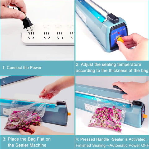 Impulse Sealer 16 Inch Workhorse Heat Sealer For Plastic Bags And Mylar Bags in use; sealing bag of candy with instructions.
