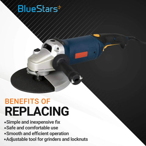 Angle grinder with rubber grip, shown with benefits for replacing locknuts, featuring adjustable tool for grinders and locknuts.
