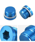 Heavy Duty Billet Aluminum Engine Oil Thermostat Housing Plug For BMW N54 N55 S55 in blue anodized finish, close-up
