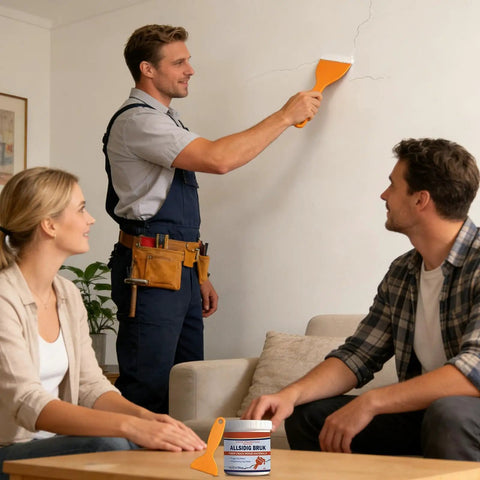 Man applying wall crack repair paste with scraper watched by couple; product in foreground, wall crack repair paste quick dry putty for holes and cracks in plaster and drywall with scraper easy fill for ceilings doors windows baseboards and woodwork smooth no fuss finish.