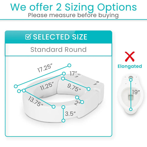 Raised Toilet Seat Riser 3.5 Inch Height For Standard Round Toilets Easy Install showing dimensions and sizing options