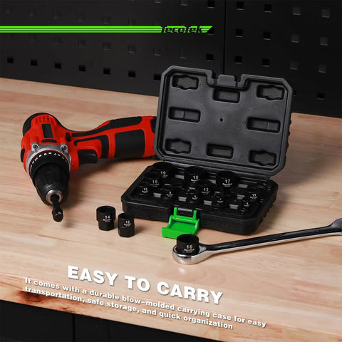 Open case of 15 Piece Half Inch Drive Metric Low Profile Stubby Impact Socket Set 10mm Through 24mm with tools nearby on workbench.