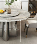 Top Shelf Faux Marble Round Dining Table With Effortless Spin Lazy Susan Turntable Solid Black Metal Pedestal Base For Modern Kitchen Gatherings Accommodates Four Guests Without Extra Chairs close-up showing 75cm height and accessories.