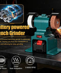 Hella Solid Mini Bench Grinder Featuring Dual Grind Wheels And A Heavy Duty Pure Copper Motor Spinning At 6000 Rpm on a workbench.