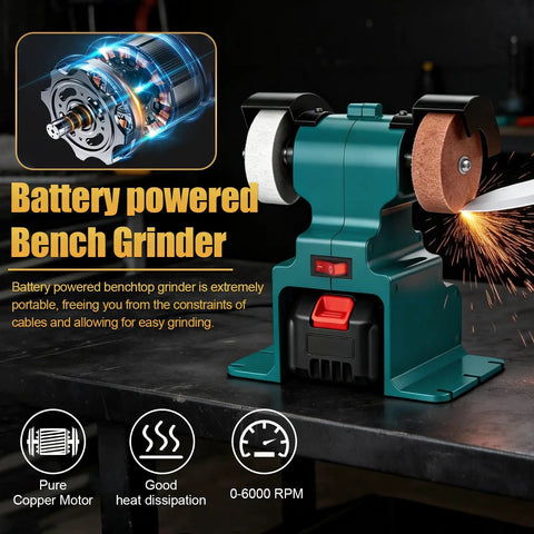 Hella Solid Mini Bench Grinder Featuring Dual Grind Wheels And A Heavy Duty Pure Copper Motor Spinning At 6000 Rpm on a workbench.