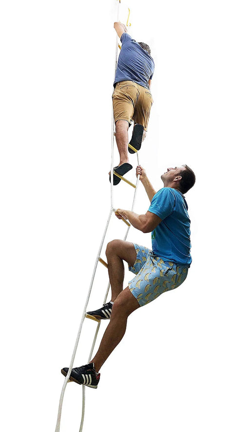 Two Story Fire Escape Rope Ladder, 13 Ft Flame Resistant Emergency Escape System in use by two people climbing from a window