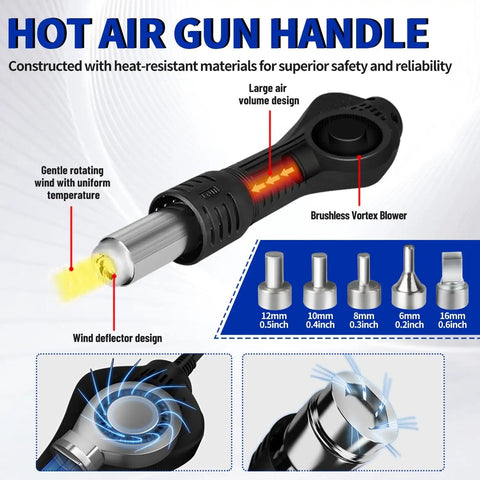 Hot air gun handle design of the Powerful 2-In-1 Hot Air Soldering Station Workhorse For Electronics PCB Repair with nozzles.