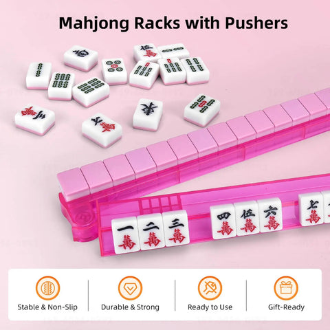 Two In One Non Slip Mahjong Racks With Pushers 4 Pack Clear Acrylic Pink Gift Set for Home Game Night
