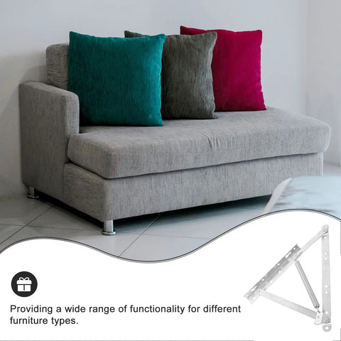 2 Pack Triangular Spring Lift Up Hinges For Sofa Beds And Furniture, hot rolled steel in silver, next to a modern sofa