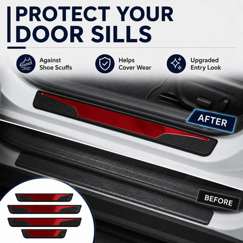 Ford Edge Door Sill Guards 4 Piece Set Glossy Red Peel And Stick Entry Trim Protectors shown installed and uninstalled