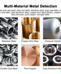 Multi-Material Metal Detection display showing Stainless Steel, Copper-Zinc Alloy, Pressure Vessel, Ductile Cast Steel, Pure Copper.