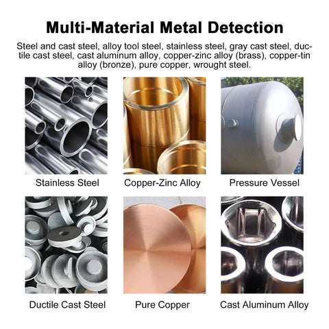 Multi-Material Metal Detection display showing Stainless Steel, Copper-Zinc Alloy, Pressure Vessel, Ductile Cast Steel, Pure Copper.