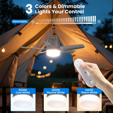 Straight Up Badass 21 Inch Portable Ceiling Fan With Built In Rechargeable Battery And Wireless Remote Bright Led Light in a tent.