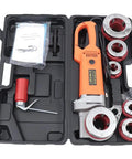 Heavy Duty Handheld Electric Pipe Threading Machine Powered By A Pure Copper Motor And Features A Heavy Duty Six Head Die Set To Nail Plumbing Installations Quick in carrying case.