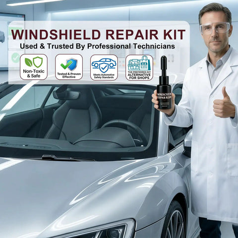 Technician holding the Upgraded Windshield Repair Kit DIY Friendly Pro Grade 40ml Nano Glass Repair Fluid 2x20ml by a car