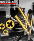 Heavy Duty Tap and Die Set Titanium Coated in Bearing Steel 86 Piece shown with tools and metal components