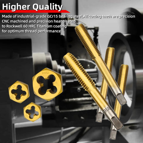 Heavy Duty Tap and Die Set Titanium Coated in Bearing Steel 86 Piece shown with tools and metal components