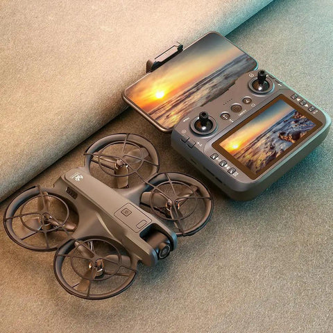 4K HD Dual Camera Drone With Remote Control Screen, brushless power, propeller guards, on surface, showing sunset image
