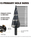 M2 HSS Step Drill Bit 4-32mm, high-speed steel with nitride finish, showing 15 primary hole sizes, by Jerax Tools.