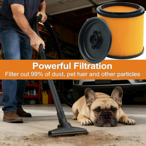 Man using vacuum near dog with 2 Pack Replacement Cartridge Vacuum Filter For 5 To 20 Gallon Wet Dry Vacs VBV1210 displayed