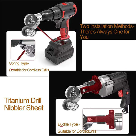 Two installation methods for Drill Nibbler Sheet Metal Cutter Attachment For Electric Drills, suitable for cordless and corded drills.